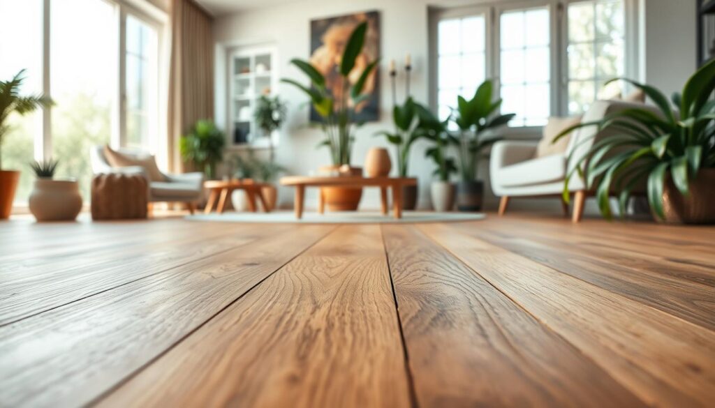 A beautifully arranged display of engineered wood flooring in a modern home setting. In the foreground, showcase a close-up of rich, textured wood grains in varying shades of browns and warm tones, highlighting sustainable wood sourcing. The middle ground features a stylish, eco-friendly living room furnished with minimalist decor, including green plants that promote an environmentally friendly atmosphere. The background displays large windows allowing natural sunlight to flood in, enhancing the warm hues of the flooring. Use soft, diffused lighting to create a warm, inviting mood. The angle should be slightly tilted to showcase the flooring's depth and detail, capturing the essence of sustainability and elegance in a contemporary home. Avoid any human figures, focusing solely on the ambiance and materials.