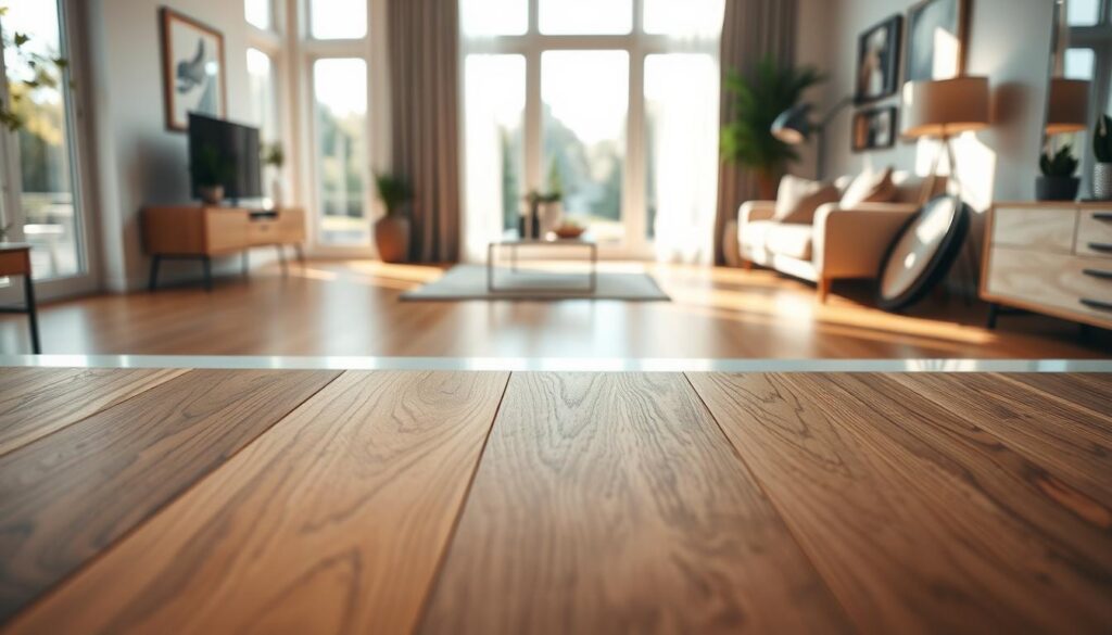 A beautifully arranged display of engineered wood flooring samples on a sleek modern table, showcasing a variety of wood grains and finishes. In the foreground, focus on a close-up of the textures and colors, highlighting the details of the wood patterns, such as oak and walnut. The middle section features an elegantly designed room with natural light streaming in through large windows, casting soft shadows across the floor. In the background, subtle hints of home decor, such as potted plants and modern furniture, enhance the ambiance. The atmosphere is warm and inviting, with a neutral color palette that emphasizes the richness of the engineered wood. Use soft, natural lighting to create a cozy home environment, captured from a slightly elevated angle to provide depth.