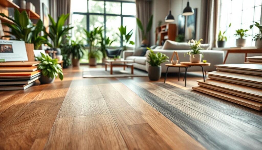 A beautifully arranged display of luxury vinyl flooring options, showcasing various styles, colors, and textures. In the foreground, a close-up view of a few meticulously laid vinyl planks in warm oak and cool grey tones, highlighting their detailed grain patterns and finishes. The middle section features a stylish room setting with a cozy living room that includes modern furniture, lush green indoor plants, and natural light pouring in from large windows, creating a warm and inviting atmosphere. The background hints at a sustainable theme, with labels indicating eco-friendly materials and production methods. The overall mood is elegant yet eco-conscious, emphasizing the balance of luxury and environmental responsibility in home design. Soft diffused lighting enhances the colors and textures, captured from a slightly elevated angle to showcase both the flooring and the harmonious interior.