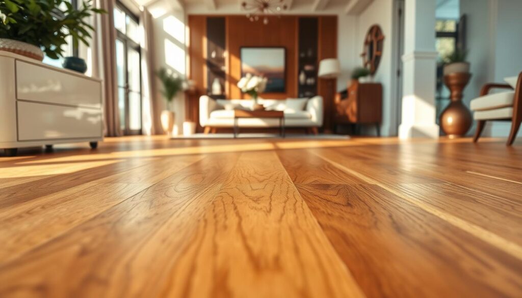 A beautifully arranged display of top-rated timber flooring in a bright, modern home setting. In the foreground, showcase a rich, honey-toned hardwood floor with visible grain patterns that highlight its quality. In the middle ground, feature a multi-surface area with natural light streaming in from large windows, casting soft shadows to emphasize the texture of the flooring. The beams of light create a warm, inviting atmosphere, hinting at a cozy and stylish living environment. In the background, glimpses of elegant furniture and tasteful decor enhance the aesthetic appeal of the space. Capture the scene from a low angle, allowing the floor to dominate the composition and evoke a sense of luxury and sophistication. Ensure the image is clear, well-lit, and professionally composed, with no text or distractions present.