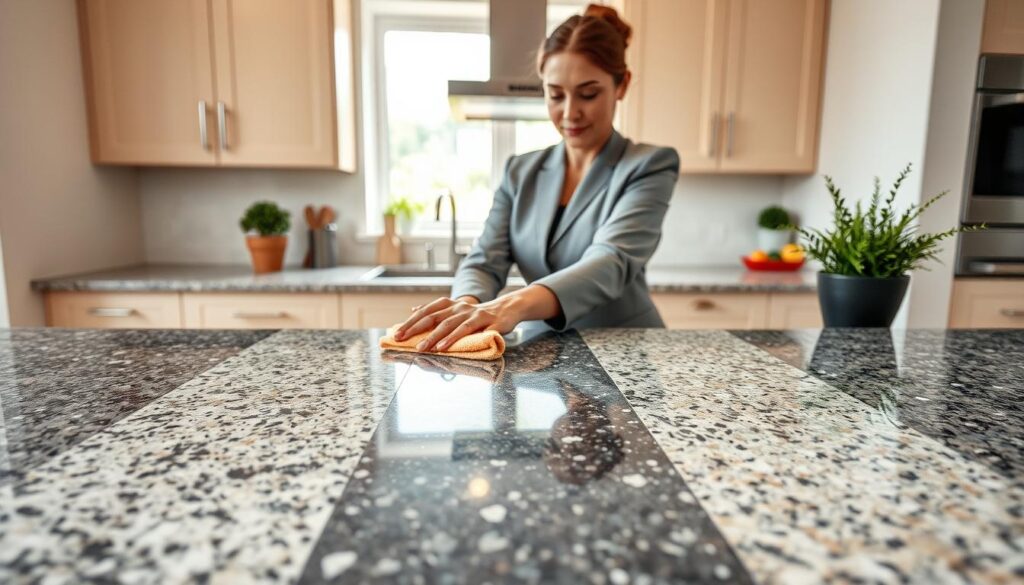 A beautifully arranged granite countertop displayed in a modern kitchen setting, showcasing various textures and colors of granite, such as speckled black and white, deep blue, and earthy browns. In the foreground, a professional-looking woman in modest business attire carefully cleans the countertop with a soft cloth, illustrating the maintenance aspect. In the middle ground, elegant kitchen tools and a potted plant add warmth to the environment. The background features cabinetry in soft neutral tones, perfectly contrasting the sparkling granite. Soft, natural lighting streams in from a window, accentuating the shine and details of the countertop, creating a clean and inviting atmosphere. The camera angle is slightly above eye level, providing a clear view of the countertop and the maintenance process. A beautifully arranged granite countertop displayed in a modern kitchen setting, showcasing various textures and colors of granite, such as speckled black and white, deep blue, and earthy browns. In the foreground, a professional-looking woman in modest business attire carefully cleans the countertop with a soft cloth, illustrating the maintenance aspect. In the middle ground, elegant kitchen tools and a potted plant add warmth to the environment. The background features cabinetry in soft neutral tones, perfectly contrasting the sparkling granite. Soft, natural lighting streams in from a window, accentuating the shine and details of the countertop, creating a clean and inviting atmosphere. The camera angle is slightly above eye level, providing a clear view of the countertop and the maintenance process.