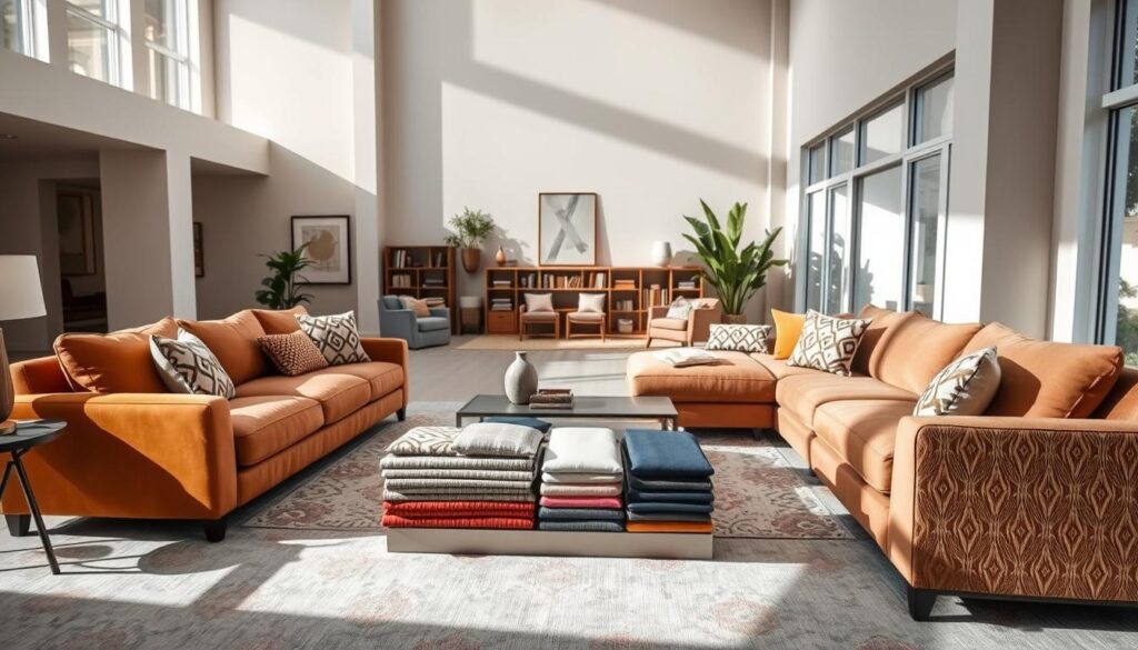 A beautifully arranged living room showcasing a wide variety of customizable sectional sofas. In the foreground, focus on two stylish sectional sofas upholstered in rich fabrics with assorted colors and patterns, highlighting their modular components. In the middle, display swatches of fabric and color samples alongside decorative cushions, emphasizing the customization options. In the background, a well-lit modern space features neutral walls and natural light streaming through large windows, creating an airy atmosphere. Soft shadows enhance the texture of the fabrics, while the perspective captures the depth of the room. The overall mood is inviting and inspiring, reflecting a sense of professionalism in home furnishing choices. A beautifully arranged living room showcasing a wide variety of customizable sectional sofas. In the foreground, focus on two stylish sectional sofas upholstered in rich fabrics with assorted colors and patterns, highlighting their modular components. In the middle, display swatches of fabric and color samples alongside decorative cushions, emphasizing the customization options. In the background, a well-lit modern space features neutral walls and natural light streaming through large windows, creating an airy atmosphere. Soft shadows enhance the texture of the fabrics, while the perspective captures the depth of the room. The overall mood is inviting and inspiring, reflecting a sense of professionalism in home furnishing choices.