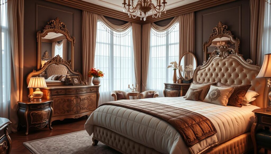 A beautifully arranged luxury bedroom featuring elegant furniture pieces. In the foreground, showcase a plush king-sized bed with an opulent headboard, adorned with luxurious linens and decorative pillows. Nearby, a stylish nightstand holds a designer lamp, creating a soft glow. The middle ground includes an exquisite dresser with intricate details and a large, ornate mirror reflecting the gentle ambiance of the room. In the background, large windows draped with flowing sheer curtains let in natural light, enhancing the inviting atmosphere. The mood is serene and sophisticated, with a color palette of soft neutrals and deep jewel tones. Use a soft-focus lens to capture a warm and welcoming feel, evoking a sense of luxury and comfort without any clutter or distractions. A beautifully arranged luxury bedroom featuring elegant furniture pieces. In the foreground, showcase a plush king-sized bed with an opulent headboard, adorned with luxurious linens and decorative pillows. Nearby, a stylish nightstand holds a designer lamp, creating a soft glow. The middle ground includes an exquisite dresser with intricate details and a large, ornate mirror reflecting the gentle ambiance of the room. In the background, large windows draped with flowing sheer curtains let in natural light, enhancing the inviting atmosphere. The mood is serene and sophisticated, with a color palette of soft neutrals and deep jewel tones. Use a soft-focus lens to capture a warm and welcoming feel, evoking a sense of luxury and comfort without any clutter or distractions.