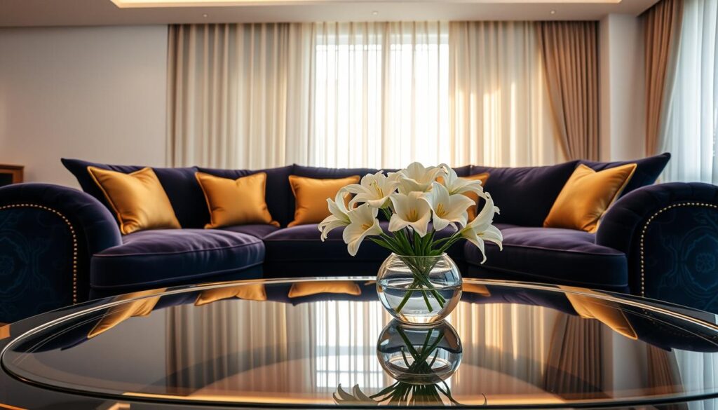 A beautifully arranged luxury sofa set in an elegant living room, featuring a plush, oversized sectional in rich navy velvet, complemented by gold-accented decorative pillows. The foreground showcases a polished coffee table with a glass surface, adorned with a stylish vase of fresh white lilies. In the middle, the sofa set is positioned invitingly, exuding comfort and sophistication. The background reveals a softly lit space, with warm, natural light filtering through sheer curtains, casting gentle shadows that enhance the cozy atmosphere. The overall mood is one of tranquility and opulence, inviting viewers to imagine themselves in this refined setting. The angle captures the essence of luxury and maintenance, showcasing the fine details of the sofa's craftsmanship without any text or distractions.