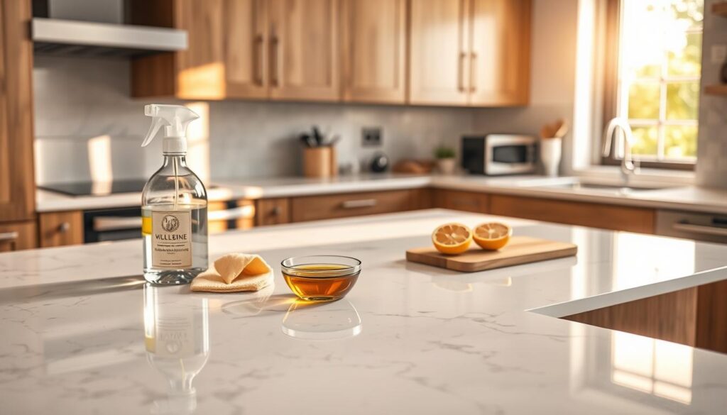 A beautifully arranged marble countertop in a modern kitchen setting, showcasing maintenance tips. In the foreground, a polished white marble surface with subtle gray veining, gleaming under soft, warm lighting. A stylish spray bottle and a microfiber cloth are placed neatly at one side, along with a small bowl of olive oil and a cutting board with citrus slices, emphasizing natural cleaning elements. The middle ground features a cozy kitchen ambiance with wooden cabinetry and stainless steel appliances, enhancing the homey atmosphere. The background includes a bright window with sunlight streaming in, reflecting off the countertop, fostering a clean and inviting feel. The overall mood is serene and professional, focusing on care and maintenance of marble countertops. A beautifully arranged marble countertop in a modern kitchen setting, showcasing maintenance tips. In the foreground, a polished white marble surface with subtle gray veining, gleaming under soft, warm lighting. A stylish spray bottle and a microfiber cloth are placed neatly at one side, along with a small bowl of olive oil and a cutting board with citrus slices, emphasizing natural cleaning elements. The middle ground features a cozy kitchen ambiance with wooden cabinetry and stainless steel appliances, enhancing the homey atmosphere. The background includes a bright window with sunlight streaming in, reflecting off the countertop, fostering a clean and inviting feel. The overall mood is serene and professional, focusing on care and maintenance of marble countertops.