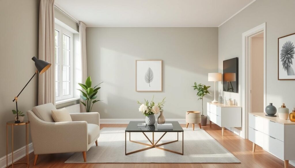 A beautifully arranged small living room showcasing the best interior paint colors for small spaces. In the foreground, a cozy armchair sits next to a sophisticated side table, complementing the warm pastel shades of soft sage green and light dove gray on the walls. The middle of the room features a modern coffee table adorned with fresh flowers and stylish decor. In the background, a large window invites ample natural light, highlighting the room's airy feel. The atmosphere is inviting and tranquil, ideal for small spaces. Use soft, diffused lighting to create a warm glow, and capture the scene from a slightly elevated angle to emphasize the spatial dynamics. Aim for a harmonious and stylish composition, devoid of any text or branding elements.