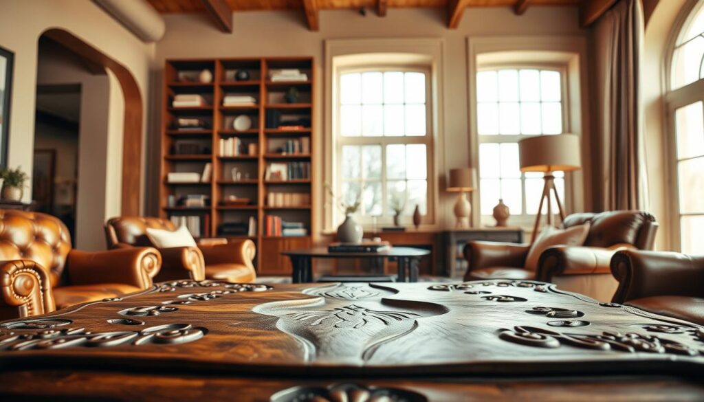 A beautifully crafted handmade furniture piece prominently displayed in a warmly lit, contemporary living space, showcasing exquisite attention to detail. The foreground features a rich wood coffee table with intricate carvings, surrounded by elegantly designed leather chairs. In the middle ground, a stylish bookshelf holds an array of well-chosen decor items and books, demonstrating a blend of function and art. The background reveals a large window with natural light pouring in, illuminating the room and enhancing the inviting atmosphere. The overall mood is cozy and sophisticated, ideal for bespoke furniture design enthusiasts. The image is shot from a slightly elevated angle using a wide-angle lens to capture the space's full essence, emphasizing the artistry and craftsmanship of the furniture. A beautifully crafted handmade furniture piece prominently displayed in a warmly lit, contemporary living space, showcasing exquisite attention to detail. The foreground features a rich wood coffee table with intricate carvings, surrounded by elegantly designed leather chairs. In the middle ground, a stylish bookshelf holds an array of well-chosen decor items and books, demonstrating a blend of function and art. The background reveals a large window with natural light pouring in, illuminating the room and enhancing the inviting atmosphere. The overall mood is cozy and sophisticated, ideal for bespoke furniture design enthusiasts. The image is shot from a slightly elevated angle using a wide-angle lens to capture the space's full essence, emphasizing the artistry and craftsmanship of the furniture.