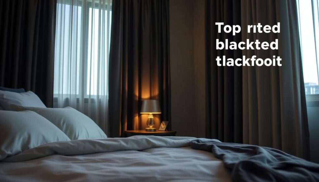 A beautifully decorated bedroom featuring top-rated blackout curtains drawn tightly, showcasing a rich, dark fabric that effectively blocks out light. In the foreground, a soft bed with plush pillows and light bedding exudes comfort, inviting restfulness. The middle layer includes a stylish nightstand with a small lamp casting a warm glow, creating a cozy atmosphere. The background includes a window framed by elegant drapery, highlighting the quality of the curtains. The room is dimly lit, giving off a serene vibe, perfect for sleep. The whole scene captures the essence of tranquility and relaxation, emphasizing the importance of quality curtains for a restful environment. The angle is slightly above eye level, giving viewers a comprehensive view of the space without any human presence, ensuring a focus on the curtains and bedroom setup. A beautifully decorated bedroom featuring top-rated blackout curtains drawn tightly, showcasing a rich, dark fabric that effectively blocks out light. In the foreground, a soft bed with plush pillows and light bedding exudes comfort, inviting restfulness. The middle layer includes a stylish nightstand with a small lamp casting a warm glow, creating a cozy atmosphere. The background includes a window framed by elegant drapery, highlighting the quality of the curtains. The room is dimly lit, giving off a serene vibe, perfect for sleep. The whole scene captures the essence of tranquility and relaxation, emphasizing the importance of quality curtains for a restful environment. The angle is slightly above eye level, giving viewers a comprehensive view of the space without any human presence, ensuring a focus on the curtains and bedroom setup.
