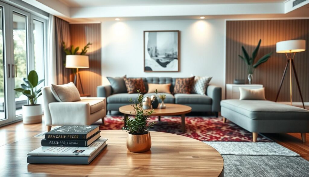 A beautifully decorated living room featuring modern interior decorating services. In the foreground, a stylish coffee table adorned with decorative books and a small plant. The middle ground showcases a cozy sofa arrangement with plush pillows and a striking area rug, all in harmonious colors. In the background, a chic accent wall displays trendy artwork, complemented by soft, ambient lighting from elegant floor lamps. The room has large windows allowing natural light to fill the space, creating a warm and inviting atmosphere. The scene conveys professionalism and creativity in interior design, with a focus on comfort and aesthetics, perfect for transforming various spaces. Capture this composition from a slight angle that emphasizes depth and invites viewers into the space. A beautifully decorated living room featuring modern interior decorating services. In the foreground, a stylish coffee table adorned with decorative books and a small plant. The middle ground showcases a cozy sofa arrangement with plush pillows and a striking area rug, all in harmonious colors. In the background, a chic accent wall displays trendy artwork, complemented by soft, ambient lighting from elegant floor lamps. The room has large windows allowing natural light to fill the space, creating a warm and inviting atmosphere. The scene conveys professionalism and creativity in interior design, with a focus on comfort and aesthetics, perfect for transforming various spaces. Capture this composition from a slight angle that emphasizes depth and invites viewers into the space.