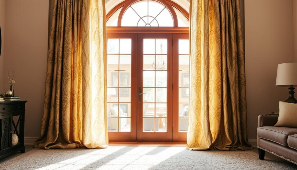 A beautifully decorated room featuring elegant custom window treatments. In the foreground, showcase a pair of large, luxurious drapes with intricate patterns, flowing gracefully to the floor. The middle ground includes a stylish, modern wooden window frame that allows soft, natural light to stream in, casting gentle shadows on the plush carpet. In the background, hints of an inviting living space can be seen, with tasteful decor and a cozy atmosphere. The lighting is warm and inviting, captured from a slightly elevated angle to emphasize the window treatments. The overall mood is sophisticated and welcoming, perfect for enhancing any home. A beautifully decorated room featuring elegant custom window treatments. In the foreground, showcase a pair of large, luxurious drapes with intricate patterns, flowing gracefully to the floor. The middle ground includes a stylish, modern wooden window frame that allows soft, natural light to stream in, casting gentle shadows on the plush carpet. In the background, hints of an inviting living space can be seen, with tasteful decor and a cozy atmosphere. The lighting is warm and inviting, captured from a slightly elevated angle to emphasize the window treatments. The overall mood is sophisticated and welcoming, perfect for enhancing any home.