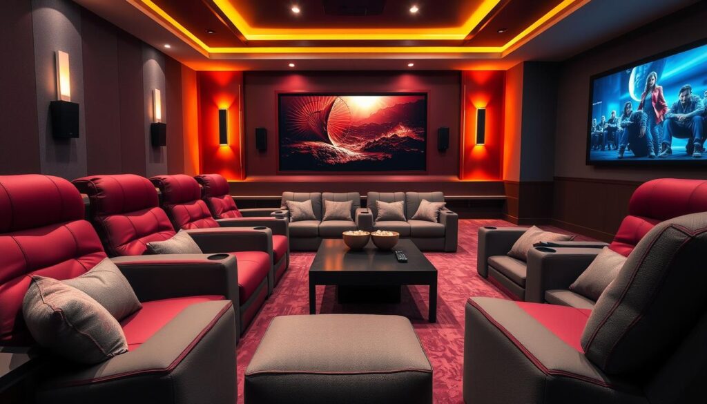 A beautifully designed home theater seating area that showcases a blend of colors and design elements. In the foreground, a luxurious row of plush seats upholstered in rich burgundy and soft gray fabrics, accented with elegant stitching and sleek armrests. The middle of the image features a stylish coffee table with a modern design, topped with decorative items like popcorn bowls and remote controls. In the background, a warm, ambient lighting setup casts a cozy glow across the room, with wall-mounted speakers and a large screen displaying a captivating movie scene. The atmosphere is inviting and sophisticated, perfect for a home theater experience. Utilize a wide-angle lens to capture the entire setup, highlighting the harmony of design and color considerations without any text or overlays. A beautifully designed home theater seating area that showcases a blend of colors and design elements. In the foreground, a luxurious row of plush seats upholstered in rich burgundy and soft gray fabrics, accented with elegant stitching and sleek armrests. The middle of the image features a stylish coffee table with a modern design, topped with decorative items like popcorn bowls and remote controls. In the background, a warm, ambient lighting setup casts a cozy glow across the room, with wall-mounted speakers and a large screen displaying a captivating movie scene. The atmosphere is inviting and sophisticated, perfect for a home theater experience. Utilize a wide-angle lens to capture the entire setup, highlighting the harmony of design and color considerations without any text or overlays.