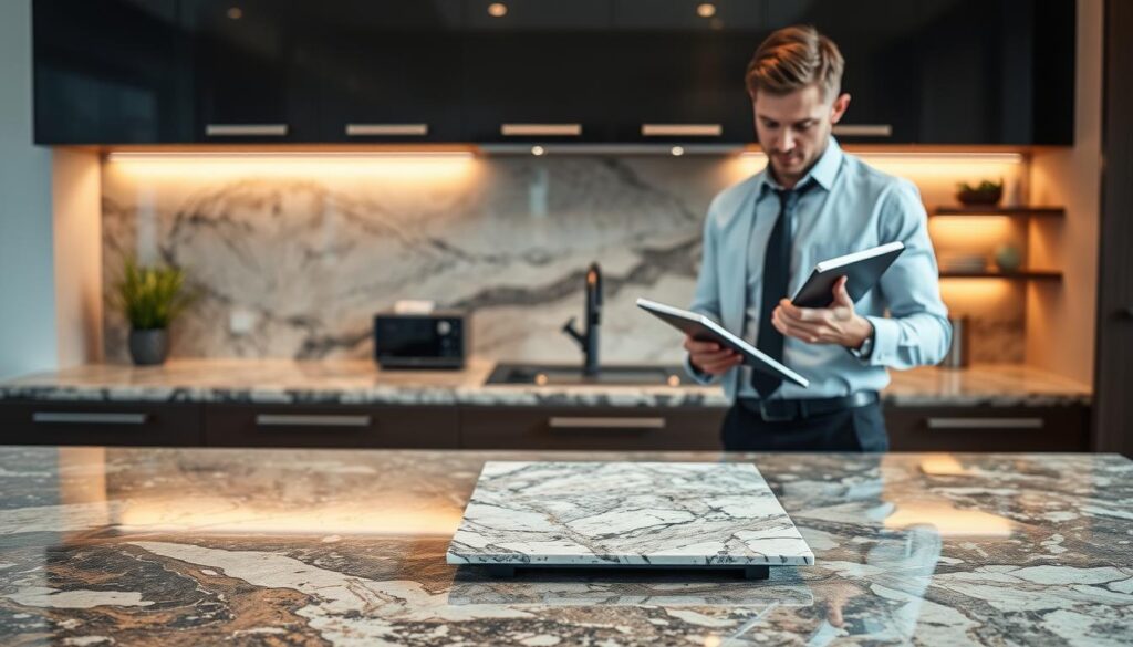 A beautifully designed kitchen featuring a stunning granite countertop as the centerpiece. The countertop showcases rich, varied colors with intricate veining patterns, emphasizing customization options in finishes. In the foreground, a professional designer examines samples of different granite slabs, dressed in smart casual attire, reflecting a modern business atmosphere. The middle of the image reveals a selection of curated granite samples displayed elegantly on a sleek table, highlighting various textures and colors. The background includes stylish cabinetry and ambient lighting that creates a warm, inviting mood. The scene is captured with a soft-focus lens, providing a gentle depth of field that accentuates the countertop and designer without distractions. The overall atmosphere is one of sophistication and professionalism, perfect for showcasing the elegance of granite countertops. A beautifully designed kitchen featuring a stunning granite countertop as the centerpiece. The countertop showcases rich, varied colors with intricate veining patterns, emphasizing customization options in finishes. In the foreground, a professional designer examines samples of different granite slabs, dressed in smart casual attire, reflecting a modern business atmosphere. The middle of the image reveals a selection of curated granite samples displayed elegantly on a sleek table, highlighting various textures and colors. The background includes stylish cabinetry and ambient lighting that creates a warm, inviting mood. The scene is captured with a soft-focus lens, providing a gentle depth of field that accentuates the countertop and designer without distractions. The overall atmosphere is one of sophistication and professionalism, perfect for showcasing the elegance of granite countertops.