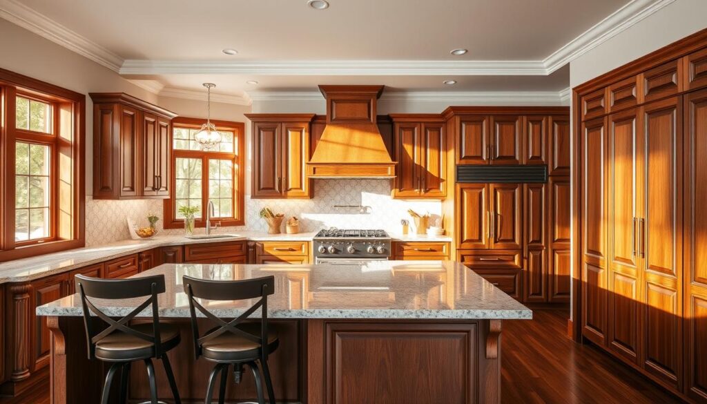 A beautifully designed kitchen featuring tailored cabinetry that showcases rich wood grains and elegant finishes. The foreground highlights a spacious island with bar stools, illuminated by warm, natural light streaming in through a large window. The middle layer reveals custom-built cabinets with intricate detailing and stylish hardware, organized for functionality and aesthetic appeal. In the background, a harmonious layout connects the cooking area and dining space, conveying a sense of openness and flow. Soft reflections from polished surfaces create an inviting atmosphere, enhancing the overall mood of comfort and sophistication. The image is taken from a slightly elevated angle, providing a comprehensive view of the kitchen's design and layout, emphasizing its importance in creating the perfect dream home.