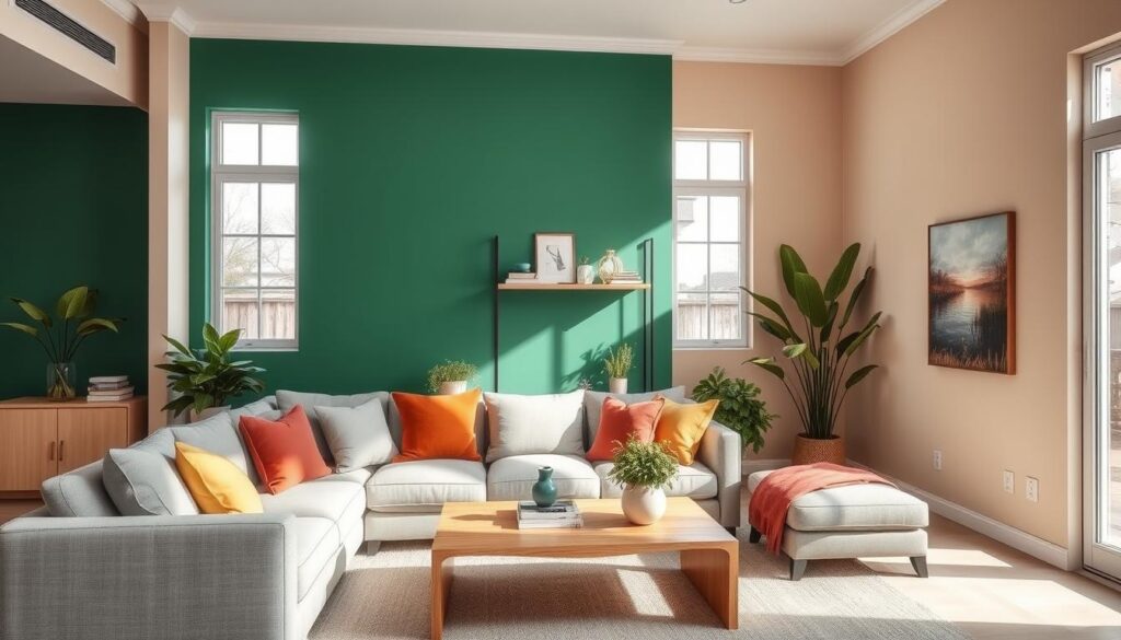 A beautifully designed living room featuring a striking accent wall painted in a deep emerald green, contrasting with soft, muted beige on the remaining walls. In the foreground, a cozy sectional sofa in a light gray fabric faces the accent wall, adorned with colorful throw pillows. A stylish coffee table made of natural wood adds a warm touch. The middle layer showcases a modern bookshelf filled with carefully arranged decorative items and plants, creating a harmonious blend of color and texture. In the background, large windows allow natural light to flood the room, enhancing the vibrant paint colors. The overall atmosphere is inviting, fresh, and rejuvenating, ideal for a home interior refresh. Soft shadows and highlights create depth, emphasizing the paint variations and textures.
