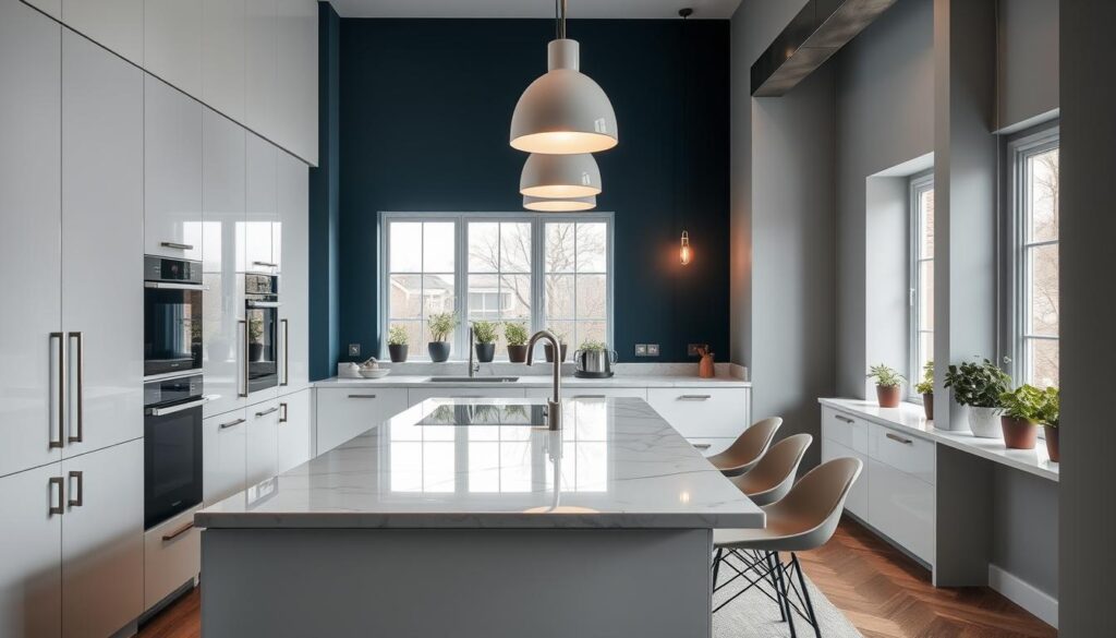 A beautifully designed modular kitchen showcasing a sleek and modern aesthetic. In the foreground, glossy white cabinetry with elegant handles and integrated appliances creates a minimalist feel. The middle ground features an island with a striking marble countertop, accompanied by stylish barstools in a muted color. Bright pendant lights hang above, casting a warm glow over the workspace. The background displays a combination of deep navy and soft gray walls, complemented by potted herbs on the windowsill, adding a touch of greenery. Natural light pours in through large windows, enhancing the inviting atmosphere. Shots are taken from a slight angle to capture depth, offering a view that highlights the harmonious color scheme and contemporary design elements. The mood is sophisticated yet cozy, ideal for modern living. A beautifully designed modular kitchen showcasing a sleek and modern aesthetic. In the foreground, glossy white cabinetry with elegant handles and integrated appliances creates a minimalist feel. The middle ground features an island with a striking marble countertop, accompanied by stylish barstools in a muted color. Bright pendant lights hang above, casting a warm glow over the workspace. The background displays a combination of deep navy and soft gray walls, complemented by potted herbs on the windowsill, adding a touch of greenery. Natural light pours in through large windows, enhancing the inviting atmosphere. Shots are taken from a slight angle to capture depth, offering a view that highlights the harmonious color scheme and contemporary design elements. The mood is sophisticated yet cozy, ideal for modern living.