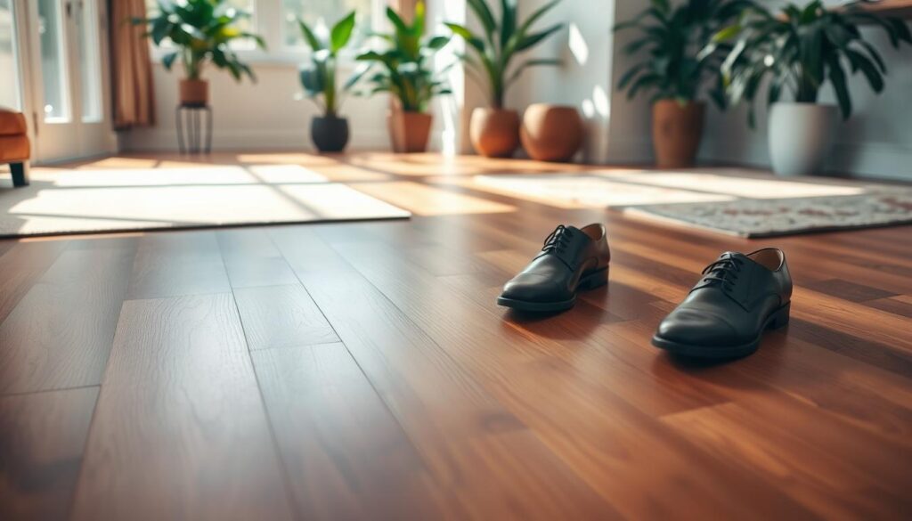 A beautifully finished hardwood floor showcasing rich, warm tones of walnut and oak. In the foreground, polished planks reflect soft, natural light, emphasizing their smooth texture and subtle grain patterns. A pair of elegant, professional shoes rests beside a well-cared-for area featuring a stylish area rug. The middle ground features a bright, airy space with light filtering through large windows, casting delicate shadows across the floor, enhancing the inviting atmosphere. In the background, lush indoor plants add a touch of greenery, harmonizing with the hardwood's natural elegance. The setting is serene and sophisticated, evoking a sense of comfort and luxury. The image is captured from a slightly elevated angle, highlighting both the floor and the room's design elements, while maintaining a warm, inviting ambiance.