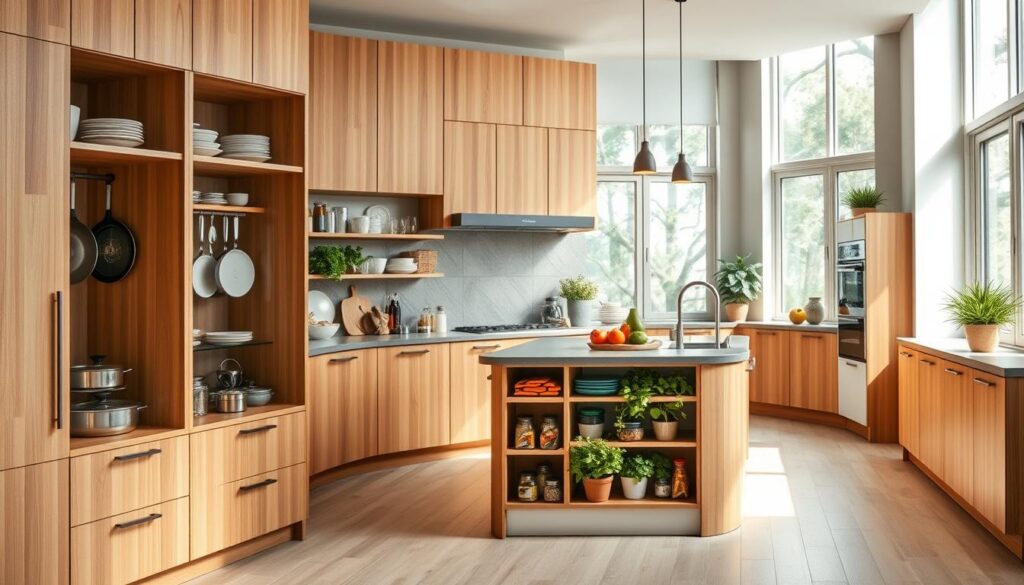 A beautifully organized kitchen featuring personalized eco-friendly storage solutions. In the foreground, sleek custom cabinets made from sustainable wood with a natural finish, showcasing various compartments for pots, pans, and utensils. The middle of the scene includes a stylish island with open shelving displaying colorful spices and organic ingredients, accentuated by green potted herbs. In the background, large windows allow soft, natural light to flood the space, highlighting the warm tones of the cabinetry. The overall atmosphere is modern and inviting, reflecting eco-conscious design principles. The angle is a slightly elevated perspective, capturing the entire kitchen layout, ensuring none of the elements are overcrowded but rather harmoniously arranged. No human figures are included.