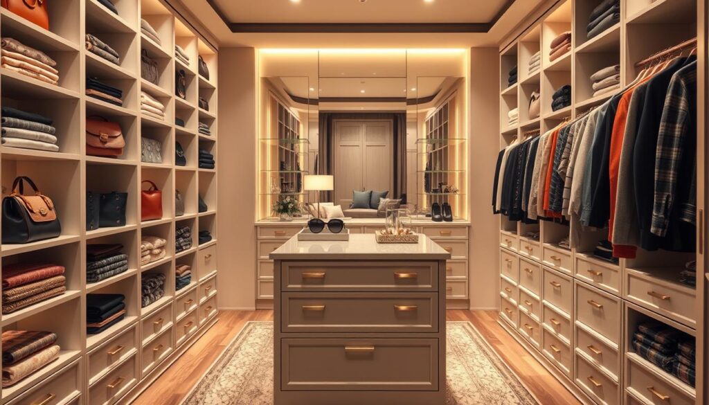 A beautifully organized walk-in closet showcasing various renovation tips. In the foreground, elegant shelving units with neatly folded sweaters and color-coordinated handbags. The middle layer features a stylish island with drawers, adorned with accessories like sunglasses and a chic decorative tray. Contemporary lighting casts a warm glow, illuminating the closet's polished surfaces and reflecting off a large mirror on the back wall. In the background, a cozy reading nook with a cushioned chair and a small bookshelf completes the space, creating a serene atmosphere. The scene conveys a sense of sophistication and calm, evoking the feel of a well-organized and stylish personal sanctuary. The camera angle is slightly elevated, ensuring a comprehensive view of the closet's layout, promoting a functional yet aesthetically pleasing design. A beautifully organized walk-in closet showcasing various renovation tips. In the foreground, elegant shelving units with neatly folded sweaters and color-coordinated handbags. The middle layer features a stylish island with drawers, adorned with accessories like sunglasses and a chic decorative tray. Contemporary lighting casts a warm glow, illuminating the closet's polished surfaces and reflecting off a large mirror on the back wall. In the background, a cozy reading nook with a cushioned chair and a small bookshelf completes the space, creating a serene atmosphere. The scene conveys a sense of sophistication and calm, evoking the feel of a well-organized and stylish personal sanctuary. The camera angle is slightly elevated, ensuring a comprehensive view of the closet's layout, promoting a functional yet aesthetically pleasing design.