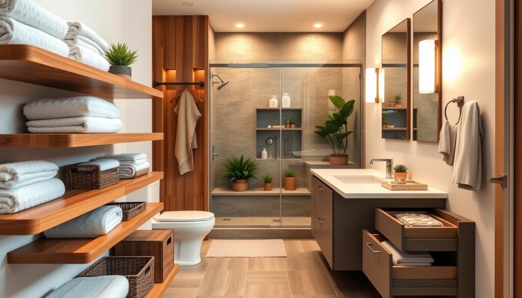 A beautifully renovated bathroom showcasing smart storage solutions. In the foreground, display wooden floating shelves filled with neatly arranged towels and decorative storage baskets. The middle section features a sleek, modern vanity with an under-sink cabinet that utilizes space efficiently, along with stylish drawer organizers visible. In the background, show a spacious shower area behind clear glass doors, accented by potted plants for a touch of greenery. Use warm, soft lighting to create a cozy and inviting atmosphere, enhancing the natural textures of wood and stone. The image should capture a contemporary yet inviting ambiance, appealing to homeowners looking for practical and aesthetic storage ideas in their bathroom remodel. A beautifully renovated bathroom showcasing smart storage solutions. In the foreground, display wooden floating shelves filled with neatly arranged towels and decorative storage baskets. The middle section features a sleek, modern vanity with an under-sink cabinet that utilizes space efficiently, along with stylish drawer organizers visible. In the background, show a spacious shower area behind clear glass doors, accented by potted plants for a touch of greenery. Use warm, soft lighting to create a cozy and inviting atmosphere, enhancing the natural textures of wood and stone. The image should capture a contemporary yet inviting ambiance, appealing to homeowners looking for practical and aesthetic storage ideas in their bathroom remodel.