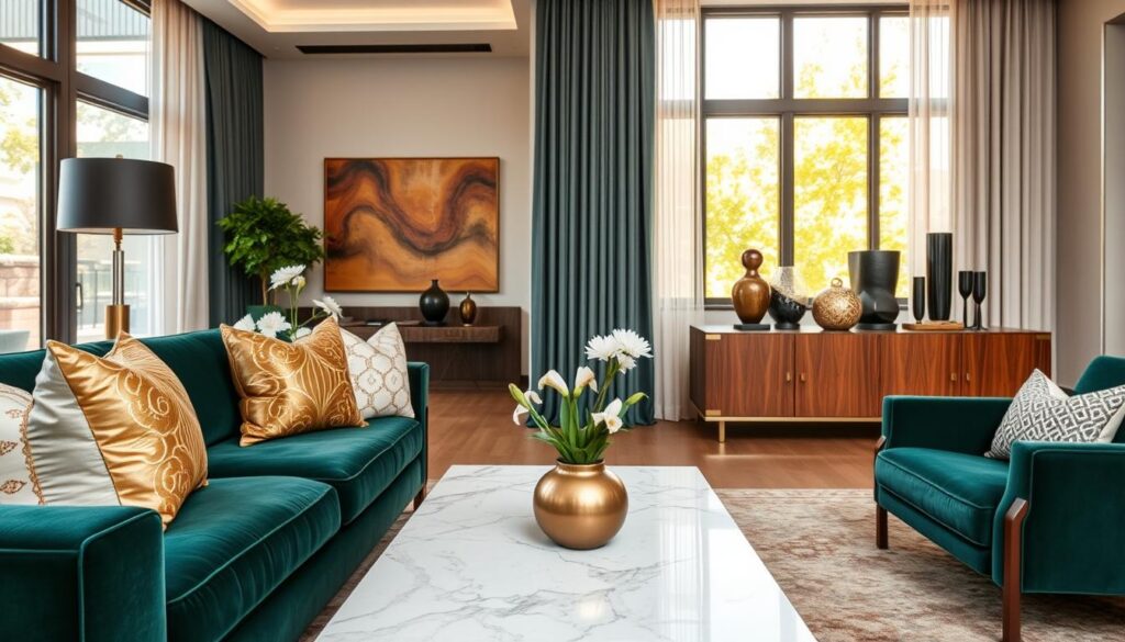 A beautifully styled luxury living room showcasing high-end furniture brands. In the foreground, a plush velvet sofa in deep emerald green adorned with gold and cream accent pillows. A marble coffee table with intricate patterns, featuring a stylish metallic vase holding fresh white flowers. The middle ground reveals a sleek sideboard with a mixture of rich wood and metallic accents, showcasing designer decor items such as artisan sculptures and elegant tableware. The background features large windows letting in warm, soft natural light, highlighting the textures of the curtains and the patterned area rug beneath. The overall atmosphere is sophisticated and inviting, emphasizing a rich color palette and tactile richness, perfect for illustrating the role of color and texture in luxury furniture design.