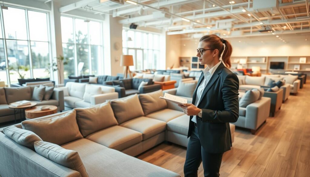 A bright, inviting showroom featuring an array of sectional sofas in various styles. In the foreground, a professionally dressed designer is thoughtfully examining a modern, L-shaped sectional with soft gray upholstery, notes in hand. The middle ground showcases an organized display of different sectional styles, including traditional, contemporary, and minimalist designs, each with diverse color palettes. The background reveals large windows allowing natural light to flood the space, highlighting the rich textures and fabrics of the sofas. The atmosphere is warm and welcoming, conveying a sense of excitement and possibility for shoppers. The lighting is soft yet bright, creating an inviting ambiance, with a wide-angle perspective that captures the breadth of options available. A bright, inviting showroom featuring an array of sectional sofas in various styles. In the foreground, a professionally dressed designer is thoughtfully examining a modern, L-shaped sectional with soft gray upholstery, notes in hand. The middle ground showcases an organized display of different sectional styles, including traditional, contemporary, and minimalist designs, each with diverse color palettes. The background reveals large windows allowing natural light to flood the space, highlighting the rich textures and fabrics of the sofas. The atmosphere is warm and welcoming, conveying a sense of excitement and possibility for shoppers. The lighting is soft yet bright, creating an inviting ambiance, with a wide-angle perspective that captures the breadth of options available.