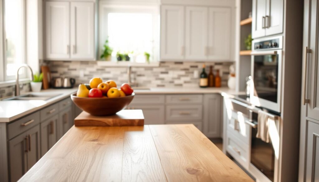 A bright, modern kitchen featuring cost-effective remodeling ideas. In the foreground, there is a wooden kitchen island with a trendy, minimalist design, topped with a bowl of fresh fruits. The middle section showcases cabinets painted in light gray, accented with brushed nickel hardware, and a stylish backsplash made from recycled materials. The background reveals a sunny window with green plants, emphasizing a fresh and lively atmosphere. Soft, natural light pours in, creating a warm glow throughout the space. The mood is inviting and practical, ideal for showcasing affordable solutions. The scene is devoid of any people, allowing the focus to remain on the remodeled kitchen elements. A bright, modern kitchen featuring cost-effective remodeling ideas. In the foreground, there is a wooden kitchen island with a trendy, minimalist design, topped with a bowl of fresh fruits. The middle section showcases cabinets painted in light gray, accented with brushed nickel hardware, and a stylish backsplash made from recycled materials. The background reveals a sunny window with green plants, emphasizing a fresh and lively atmosphere. Soft, natural light pours in, creating a warm glow throughout the space. The mood is inviting and practical, ideal for showcasing affordable solutions. The scene is devoid of any people, allowing the focus to remain on the remodeled kitchen elements.