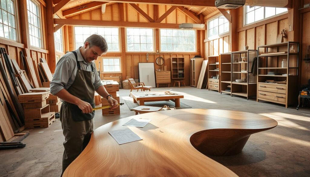 A bright, open workshop filled with wooden beams and natural light streaming through large windows. In the foreground, a skilled craftsman, wearing a simple shirt and apron, meticulously measures a piece of polished wood, showcasing intricate details. Tools like chisels and saws are artfully arranged nearby. In the middle, a beautifully designed custom furniture piece—a modern coffee table with elegant curves—is in progress, with sketches and sample materials around it. In the background, other pieces of custom furniture, such as a stylish chair and elegant shelving unit, are displayed. The atmosphere is warm and inviting, radiating creativity and craftsmanship, with soft shadows enhancing the textures of the wood and the artisan's focused expression. A bright, open workshop filled with wooden beams and natural light streaming through large windows. In the foreground, a skilled craftsman, wearing a simple shirt and apron, meticulously measures a piece of polished wood, showcasing intricate details. Tools like chisels and saws are artfully arranged nearby. In the middle, a beautifully designed custom furniture piece—a modern coffee table with elegant curves—is in progress, with sketches and sample materials around it. In the background, other pieces of custom furniture, such as a stylish chair and elegant shelving unit, are displayed. The atmosphere is warm and inviting, radiating creativity and craftsmanship, with soft shadows enhancing the textures of the wood and the artisan's focused expression.