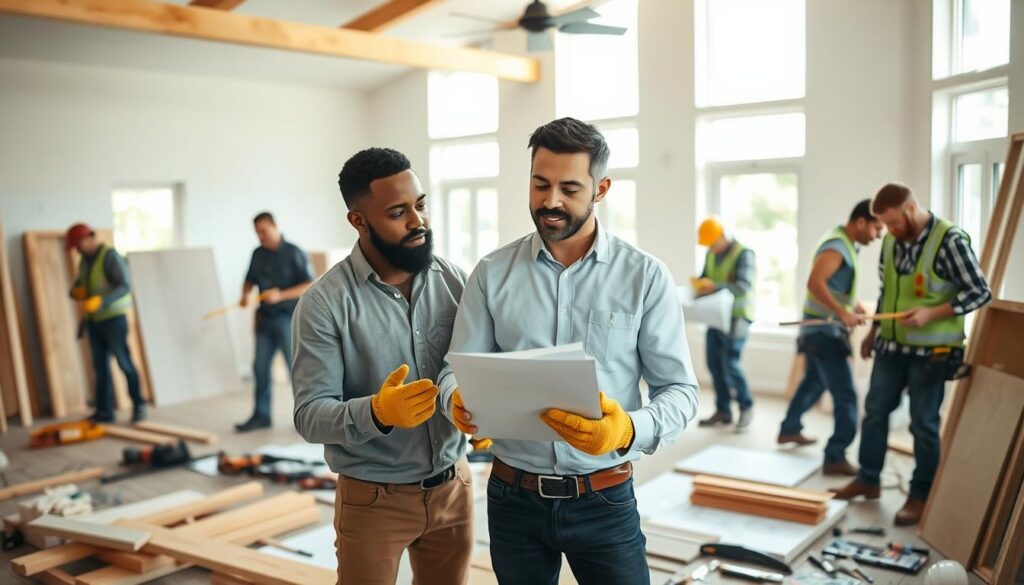 A bustling scene of home improvement contractors at work in a residential setting. In the foreground, two diverse contractors—one Black, one Hispanic—discuss renovation plans over a clipboard, both dressed in smart-casual attire with work gloves. In the middle ground, a crew member is measuring wood and another is cutting drywall, showcasing teamwork and professionalism. The background features a partially renovated living room with bright natural light streaming in through large windows, illuminating the construction materials scattered around. The atmosphere is focused and industrious, highlighting the importance of budgeting and preparation in home renovations, with tools and blueprints visible to emphasize the planning aspect.