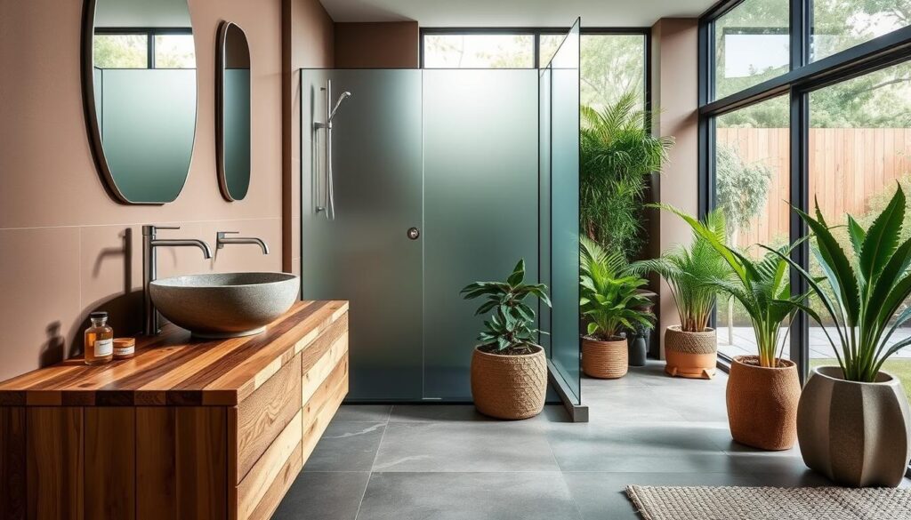 A chic and eco-friendly bathroom interior featuring sustainable materials. In the foreground, a striking wooden vanity made from reclaimed wood, adorned with a vessel sink crafted from natural stone. The middle area highlights sleek, low-flow fixtures and a modern shower enclosed with frosted glass, emphasizing minimal waste design. There is lush greenery, with potted plants like ferns and succulents, incorporating nature into the space. The walls are painted in a muted, earthy tone, and energy-efficient LED lighting casts a warm, inviting glow. In the background, a large window invites natural light and offers a view of a tranquil outdoor space. The overall atmosphere conveys calm and elegance, blending style with eco-consciousness. A chic and eco-friendly bathroom interior featuring sustainable materials. In the foreground, a striking wooden vanity made from reclaimed wood, adorned with a vessel sink crafted from natural stone. The middle area highlights sleek, low-flow fixtures and a modern shower enclosed with frosted glass, emphasizing minimal waste design. There is lush greenery, with potted plants like ferns and succulents, incorporating nature into the space. The walls are painted in a muted, earthy tone, and energy-efficient LED lighting casts a warm, inviting glow. In the background, a large window invites natural light and offers a view of a tranquil outdoor space. The overall atmosphere conveys calm and elegance, blending style with eco-consciousness.