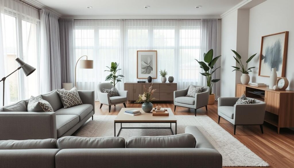 A chic living room layout showcasing optimal furniture arrangement for flow. In the foreground, a cozy, inviting sectional sofa upholstered in soft gray fabric faces a sleek coffee table with a minimalist design. Stylish throw pillows in elegant patterns add a pop of color. The middle ground features a contemporary armchair paired with a stylish floor lamp, creating a reading nook. On one side, a modern console table displays curated decor items. The background boasts large windows with sheer drapes allowing natural light to flood in, complemented by indoor plants for a fresh touch. A soothing color palette of soft blues and earthy tones evokes a calm atmosphere. Capture the scene with soft, diffused lighting from the windows, shot at a wide angle to encompass the entire room. The mood is warm and inviting, perfect for a stylish home makeover.