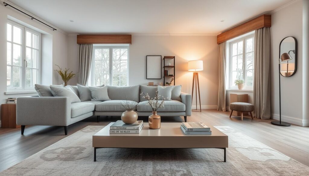A chic living room layout that embodies modern elegance, featuring a stylish sectional sofa in soft grey, adorned with plush throw pillows. In the foreground, a sleek coffee table with a minimalistic design, topped with a decorative vase and books. The middle ground showcases a sophisticated floor lamp with a warm glow, casting a cozy light across the room. Large windows in the background allow natural light to flood in, highlighting a tasteful area rug underfoot. Soft pastel-colored walls enhance the atmosphere, creating a serene space. High ceilings and a mix of textures, such as wooden accents and metallic decor, add depth. The overall mood is inviting and stylish, perfect for an all-day living environment. A wide-angle view captures the harmonious balance of decor and lighting, with no people present.