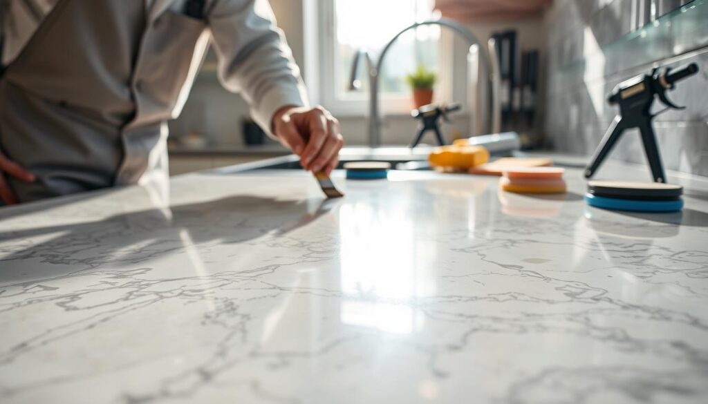 A close-up view of a professional installer applying a clear sealant to a beautifully polished quartz countertop. The foreground features the installer, dressed in professional work attire, carefully using a brush to spread the sealant, showcasing their attention to detail. The middle ground highlights the smooth, glossy quartz surface with intricate patterns and hues reflecting light in various angles. In the background, an organized workspace with tools like a caulking gun, sponge, and polishing pads is visible, all bathed in bright, natural light coming from a nearby window. The atmosphere is calm and focused, emphasizing the importance of precision in sealing and finishing touches for a high-quality installation. The image should capture the essence of craftsmanship and professionalism in the countertop installation process. A close-up view of a professional installer applying a clear sealant to a beautifully polished quartz countertop. The foreground features the installer, dressed in professional work attire, carefully using a brush to spread the sealant, showcasing their attention to detail. The middle ground highlights the smooth, glossy quartz surface with intricate patterns and hues reflecting light in various angles. In the background, an organized workspace with tools like a caulking gun, sponge, and polishing pads is visible, all bathed in bright, natural light coming from a nearby window. The atmosphere is calm and focused, emphasizing the importance of precision in sealing and finishing touches for a high-quality installation. The image should capture the essence of craftsmanship and professionalism in the countertop installation process.