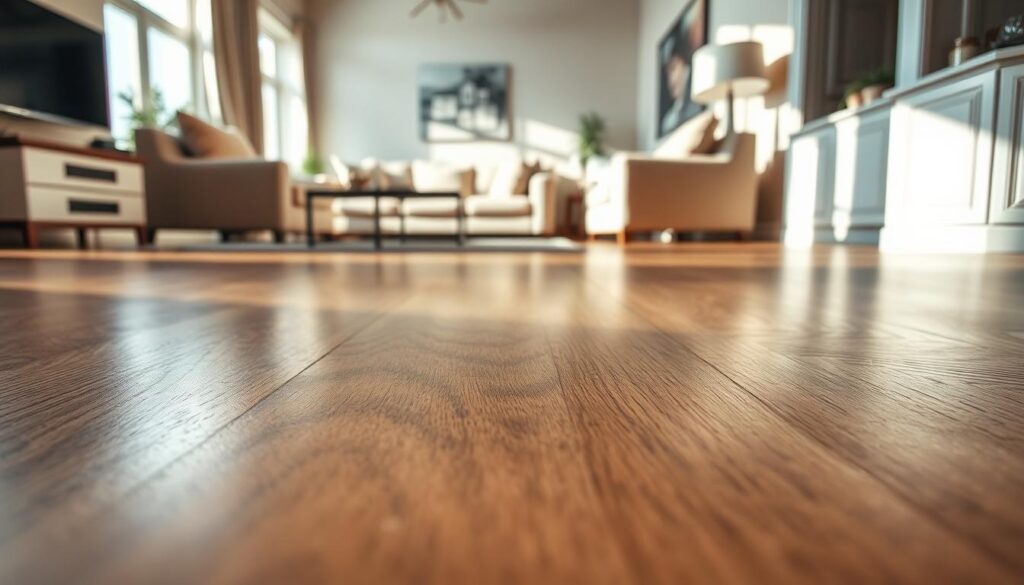A close-up view of luxurious waterproof vinyl flooring showcasing its rich wood-like texture and elegant grain patterns. The foreground features a smooth, shiny surface reflecting soft, natural light, highlighting the intricate details of the planks. In the middle ground, a tastefully decorated living space is partially visible, with stylish furniture and decor that convey a contemporary aesthetic. The background includes a subtle view of a bright room with large windows, allowing sunlight to enhance the overall warmth of the setting. The mood is inviting and sophisticated, suggesting both comfort and durability. Capture the scene using a realistic lens effect to bring out the vivid colors and textures, ensuring a polished and high-quality appearance.