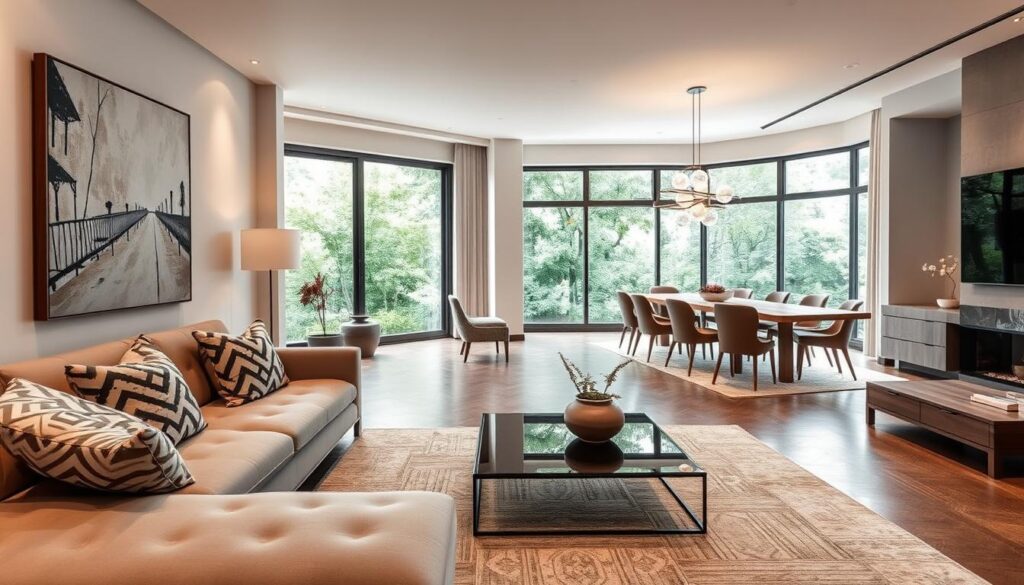 A contemporary interior design scene showcasing modern design trends. In the foreground, a stylish living room features a sleek, minimalist sofa in muted tones, complemented by geometric patterned cushions. A large abstract painting adorns the wall above a chic coffee table made of glass and metal. In the middle, an open dining area with a striking wooden table surrounded by elegant chairs in a blend of materials, illuminated by a modern chandelier. The background displays large windows allowing natural light to flood in, with lush greenery visible outside. Soft, warm lighting creates a welcoming atmosphere, with an emphasis on clean lines and harmonious colors. The perspective is slightly elevated, giving a panoramic view, evoking a sense of spaciousness and sophistication. A contemporary interior design scene showcasing modern design trends. In the foreground, a stylish living room features a sleek, minimalist sofa in muted tones, complemented by geometric patterned cushions. A large abstract painting adorns the wall above a chic coffee table made of glass and metal. In the middle, an open dining area with a striking wooden table surrounded by elegant chairs in a blend of materials, illuminated by a modern chandelier. The background displays large windows allowing natural light to flood in, with lush greenery visible outside. Soft, warm lighting creates a welcoming atmosphere, with an emphasis on clean lines and harmonious colors. The perspective is slightly elevated, giving a panoramic view, evoking a sense of spaciousness and sophistication.