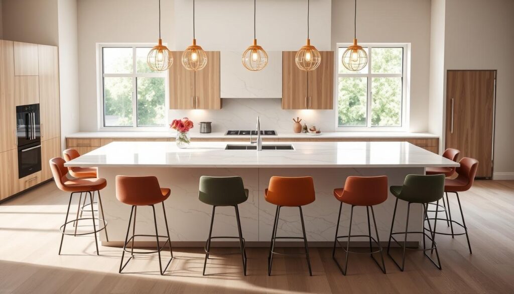 A contemporary kitchen island design featuring a spacious, sleek island in the center, crafted from white quartz with subtle gray veining. Surrounding the island, elegant bar stools in muted colors enhance the modern aesthetic. Soft, warm lighting from pendant fixtures above casts a gentle glow, illuminating the countertop and creating an inviting atmosphere. In the background, minimalistic cabinetry in soft wood tones complements the island, and large windows allow natural light to flood the space. The scene is viewed from a slight angle, focusing on the inviting layout and harmonious color palette, instilling a cozy yet sophisticated mood perfect for a home remodeling inspiration.