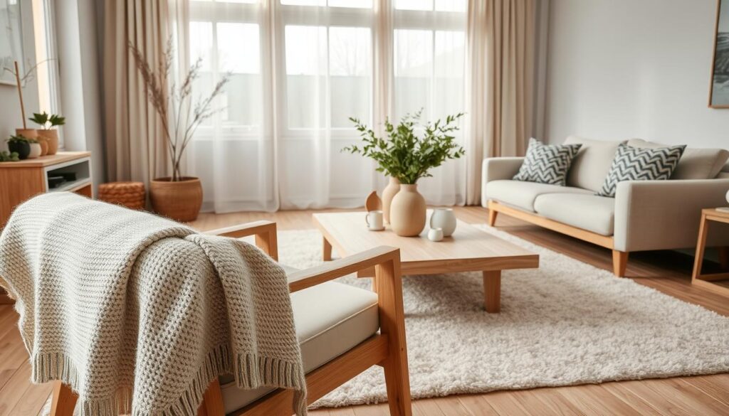 A cozy Scandinavian living room featuring a blend of textiles and natural materials. In the foreground, a soft woolen throw drapes over a minimalist wooden armchair, complemented by a plush, light-colored area rug. The middle ground showcases a sleek, light oak coffee table adorned with a ceramic vase of fresh greenery, while patterned cushions add a touch of warmth. In the background, large windows framed by sheer linen curtains let in soft, natural light, enhancing the airy atmosphere. The color palette consists of soft neutrals with pops of muted earthy tones. Capture a serene and inviting mood, emphasizing simplicity and functionality in the design. Use a wide-angle lens to convey depth and spaciousness, with warm, diffused lighting to highlight the textures of the textiles and wood. A cozy Scandinavian living room featuring a blend of textiles and natural materials. In the foreground, a soft woolen throw drapes over a minimalist wooden armchair, complemented by a plush, light-colored area rug. The middle ground showcases a sleek, light oak coffee table adorned with a ceramic vase of fresh greenery, while patterned cushions add a touch of warmth. In the background, large windows framed by sheer linen curtains let in soft, natural light, enhancing the airy atmosphere. The color palette consists of soft neutrals with pops of muted earthy tones. Capture a serene and inviting mood, emphasizing simplicity and functionality in the design. Use a wide-angle lens to convey depth and spaciousness, with warm, diffused lighting to highlight the textures of the textiles and wood.