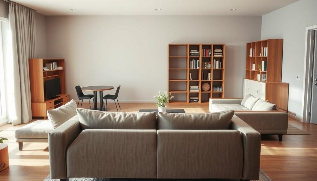 A cozy and stylish living room featuring innovative space-saving furniture, such as a multifunctional sofa that transforms into a bed, a collapsible dining table surrounded by sleek chairs, and a compact bookshelf that doubles as a room divider. The foreground showcases these pieces in a well-lit setting, emphasizing their clean lines and modern design. In the middle ground, a small indoor plant adds a touch of nature. The background includes a soft, muted wall color and natural light filtering in through large windows, creating a warm and inviting atmosphere. Capture this scene from a slightly elevated angle, using soft, diffused lighting to enhance the textures and materials. The overall mood should feel serene and organized, ideal for maximizing living space. A cozy and stylish living room featuring innovative space-saving furniture, such as a multifunctional sofa that transforms into a bed, a collapsible dining table surrounded by sleek chairs, and a compact bookshelf that doubles as a room divider. The foreground showcases these pieces in a well-lit setting, emphasizing their clean lines and modern design. In the middle ground, a small indoor plant adds a touch of nature. The background includes a soft, muted wall color and natural light filtering in through large windows, creating a warm and inviting atmosphere. Capture this scene from a slightly elevated angle, using soft, diffused lighting to enhance the textures and materials. The overall mood should feel serene and organized, ideal for maximizing living space.