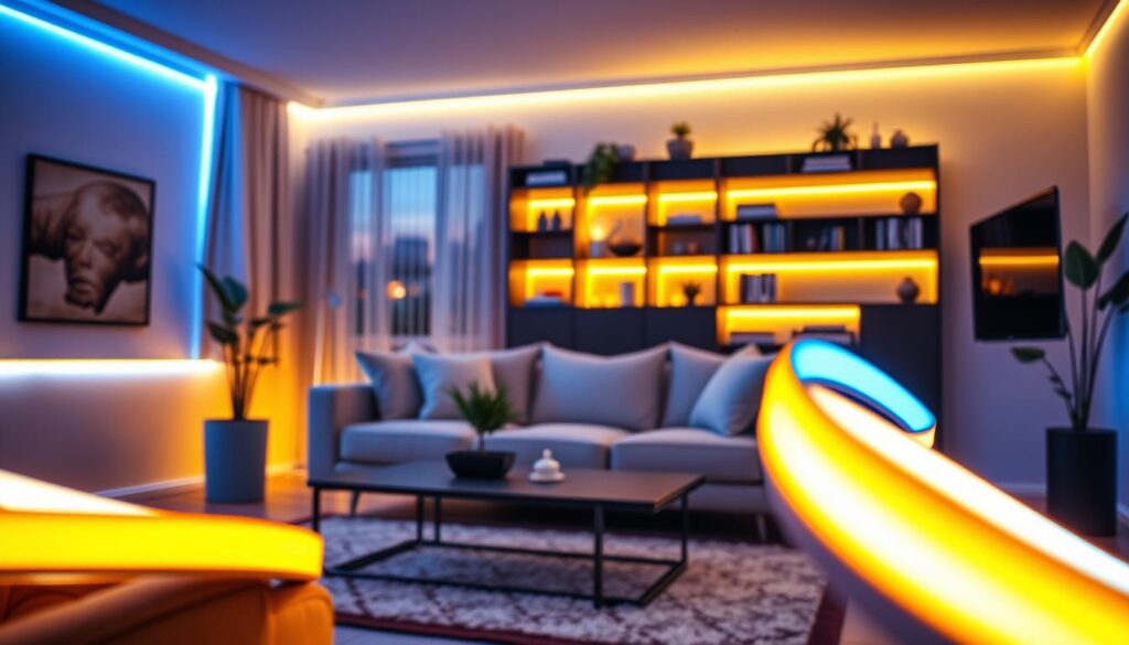 A cozy living room adorned with vibrant smart light strips along the walls and around furniture. In the foreground, sleek, modern light strips emit a soft, warm glow, transitioning from deep blues to bright yellows, creating a welcoming atmosphere. In the middle ground, a stylish sofa with plush cushions complements the lighting, while a sleek coffee table holds a small plant. The background features softly illuminated shelves displaying books and decorative items. A warm, ambient light filters through a window, hinting at evening twilight. The scene captures a serene and inviting ambiance, ideal for relaxation or social gatherings. The photo is shot from a slightly elevated angle with a shallow depth of field to emphasize the lighting and design elements, enhancing the overall mood.