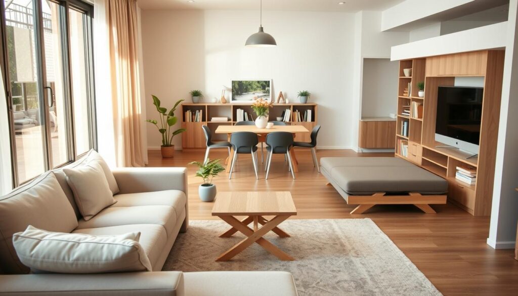 A cozy, modern living room featuring innovative space-saving furniture designs. In the foreground, a stylish, multifunctional sofa that transforms into a bed, paired with a collapsible coffee table made from light wood. In the middle, a compact dining table with sleek chairs that tuck underneath, showcasing a vibrant indoor plant next to it. The background reveals an elegantly arranged bookshelf integrated into a wall, filled with books and decorative items. Soft, natural light pours in from a large window, creating a warm and inviting atmosphere. The room has a minimalist aesthetic with neutral colors and hints of greenery, evoking feelings of practicality and comfort in maximizing living space. The entire scene is captured from a slightly elevated angle to highlight the furniture’s functionality. A cozy, modern living room featuring innovative space-saving furniture designs. In the foreground, a stylish, multifunctional sofa that transforms into a bed, paired with a collapsible coffee table made from light wood. In the middle, a compact dining table with sleek chairs that tuck underneath, showcasing a vibrant indoor plant next to it. The background reveals an elegantly arranged bookshelf integrated into a wall, filled with books and decorative items. Soft, natural light pours in from a large window, creating a warm and inviting atmosphere. The room has a minimalist aesthetic with neutral colors and hints of greenery, evoking feelings of practicality and comfort in maximizing living space. The entire scene is captured from a slightly elevated angle to highlight the furniture’s functionality.