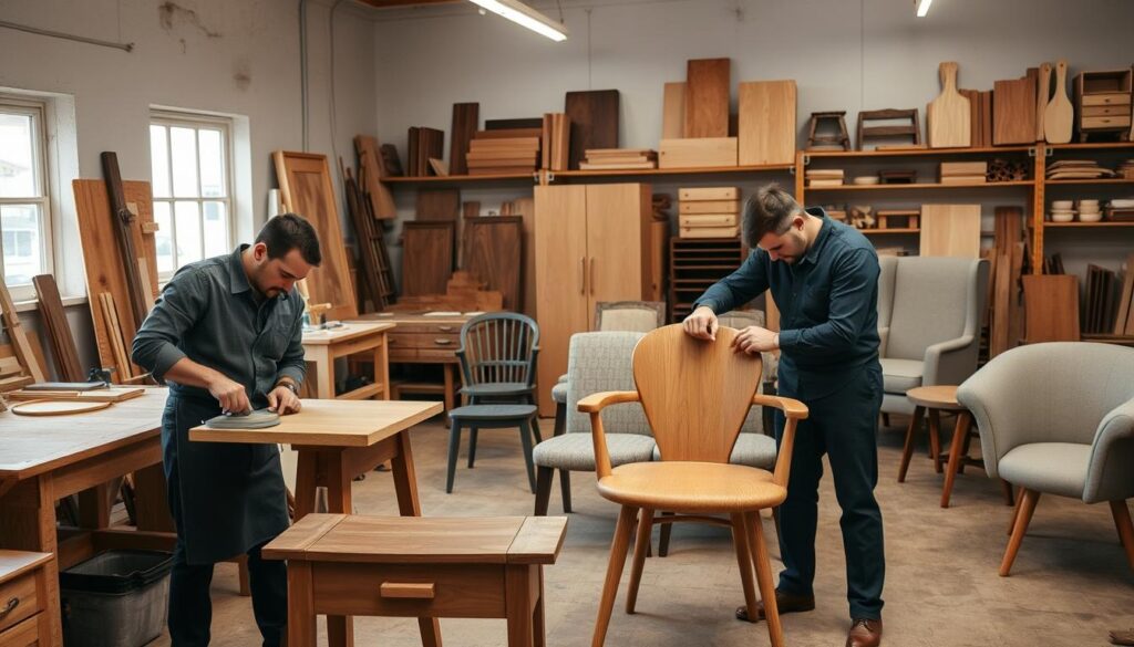 A cozy workshop filled with bespoke furniture artisans crafting custom pieces. In the foreground, two skilled artisans in professional attire, one sanding a wooden table and the other measuring a chair prototype, showcase attention to detail. The middle ground features various pieces of unfinished and finished furniture, highlighting different styles and materials, such as oak, walnut, and upholstered chairs. The background includes shelves stocked with tools, wood samples, and finished items, creating an inviting and creative atmosphere. Soft, warm lighting illuminates the scene, casting gentle shadows to emphasize craftsmanship. The image conveys a sense of dedication, skill, and the personalization involved in creating affordable custom furniture for dream homes. A cozy workshop filled with bespoke furniture artisans crafting custom pieces. In the foreground, two skilled artisans in professional attire, one sanding a wooden table and the other measuring a chair prototype, showcase attention to detail. The middle ground features various pieces of unfinished and finished furniture, highlighting different styles and materials, such as oak, walnut, and upholstered chairs. The background includes shelves stocked with tools, wood samples, and finished items, creating an inviting and creative atmosphere. Soft, warm lighting illuminates the scene, casting gentle shadows to emphasize craftsmanship. The image conveys a sense of dedication, skill, and the personalization involved in creating affordable custom furniture for dream homes.