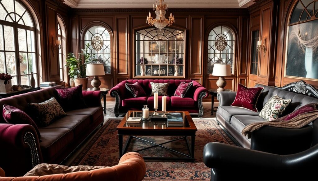 A lavish living room featuring luxurious sofa sets in a stylish arrangement, showcasing various designs such as modern, classic, and sectional styles. The foreground highlights rich materials like velvet and leather in deep jewel tones, accented by exquisite throw pillows. In the middle, a polished wooden coffee table complements the sofas, adorned with decorative items like candles and books. The background includes a large, elegant window with soft, natural light filtering in, casting gentle shadows that enhance the opulence of the space. The atmosphere exudes sophistication and comfort, inviting relaxation. The image should be shot with a wide-angle lens to capture the full room, with a soft focus to emphasize the furniture’s textures.