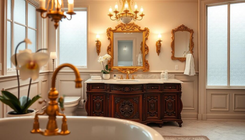 A luxurious bathroom vanity elegantly displayed in a spacious, well-lit bathroom. The vanity is crafted from rich mahogany, featuring intricate carvings and a polished marble countertop with soft, veined patterns. Stylish brass fixtures shine under warm light from a vintage chandelier, casting a soft glow across the room. In the foreground, the vanity is adorned with tasteful décor, such as neatly arranged toiletries and a potted orchid. The middle ground reveals an exquisite mirror framed in ornate gold, reflecting the stylish ambiance. The background showcases large, frosted windows that allow natural light to flood in, enhancing the serene atmosphere. The scene conveys a sense of tranquility and sophistication, inviting viewers to imagine the perfect luxury bathroom experience.