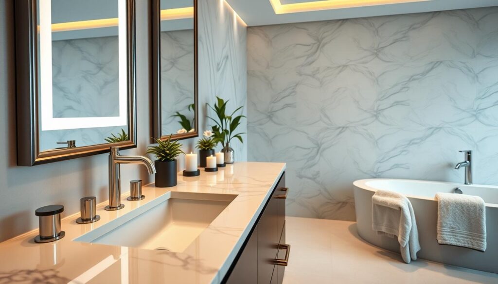 A luxurious bathroom vanity set against an elegant, serene backdrop. The foreground features a sleek, modern vanity with a polished marble countertop, equipped with high-end faucets and a stylish framed mirror reflecting soft, ambient light. The middle layer showcases carefully arranged decorative items, like potted plants and scented candles, adding a touch of sophistication. In the background, elegant tiles and a stylish bathtub create a serene atmosphere. The scene is illuminated with warm, diffused lighting, emphasizing the luxury and inviting mood. A wide-angle perspective captures the vanity's details, while plush towels neatly hung nearby add a cozy yet upscale feel.