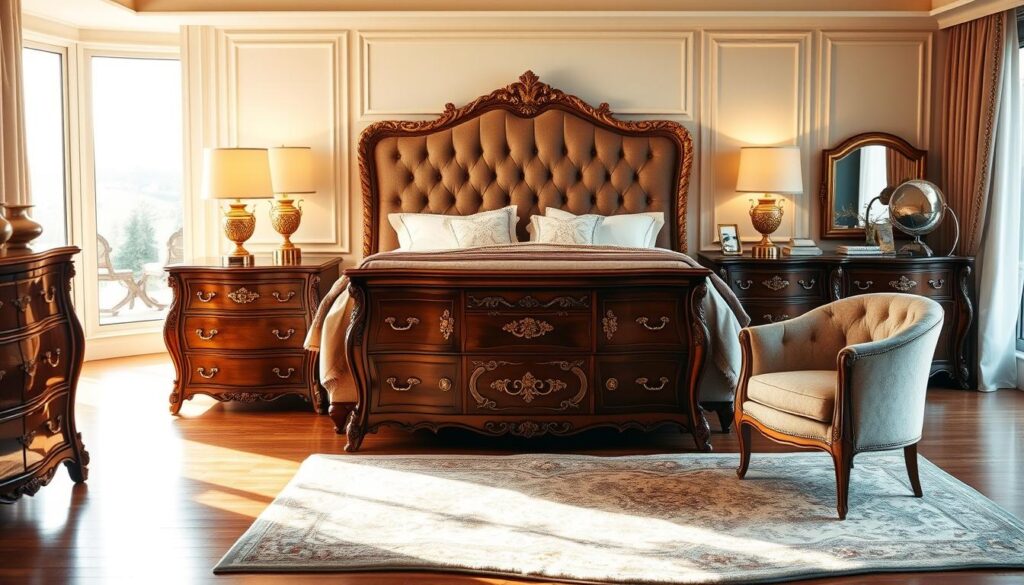 A luxurious bedroom featuring elegant furniture, showcasing a king-sized upholstered bed with a tufted headboard in rich velvet, draped with plush bedding in soft pastel hues. On either side, ornate nightstands with polished gold accents hold stylish lamps emitting warm, inviting light. A spacious dresser with intricate woodwork reflects tasteful sophistication in the foreground. The middle ground includes a stylish armchair in complementary fabric, inviting relaxation, and a chic area rug that adds warmth to the hardwood floor. In the background, large windows allow for natural light to filter in, bathed in soft, golden tones, enhancing the serene atmosphere. The mood is tranquil and opulent, perfectly embodying the essence of a cohesive luxury bedroom design. A luxurious bedroom featuring elegant furniture, showcasing a king-sized upholstered bed with a tufted headboard in rich velvet, draped with plush bedding in soft pastel hues. On either side, ornate nightstands with polished gold accents hold stylish lamps emitting warm, inviting light. A spacious dresser with intricate woodwork reflects tasteful sophistication in the foreground. The middle ground includes a stylish armchair in complementary fabric, inviting relaxation, and a chic area rug that adds warmth to the hardwood floor. In the background, large windows allow for natural light to filter in, bathed in soft, golden tones, enhancing the serene atmosphere. The mood is tranquil and opulent, perfectly embodying the essence of a cohesive luxury bedroom design.