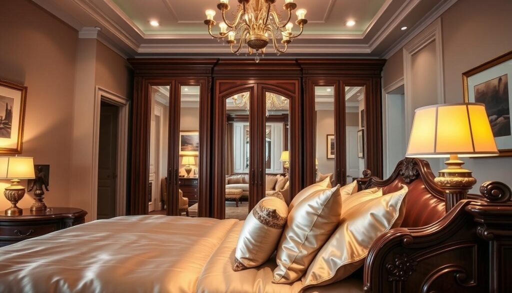 A luxurious bedroom interior showcasing bespoke furniture from high-end brands. In the foreground, a beautifully crafted mahogany bed with an ornate headboard, adorned with plush silk bedding and elegant decorative pillows. Beside the bed, a stylish nightstand featuring intricate details and a sleek brass lamp exuding warm light. In the middle, a large, custom-designed wardrobe with mirrored doors, reflecting the soft ambient glow from a chandelier above. The background features soft, muted wall colors and framed art pieces that enhance the opulence of the room. The lighting is warm and inviting, creating a serene atmosphere. The angle captures the full depth of the space, inviting the viewer into this luxurious sanctuary.