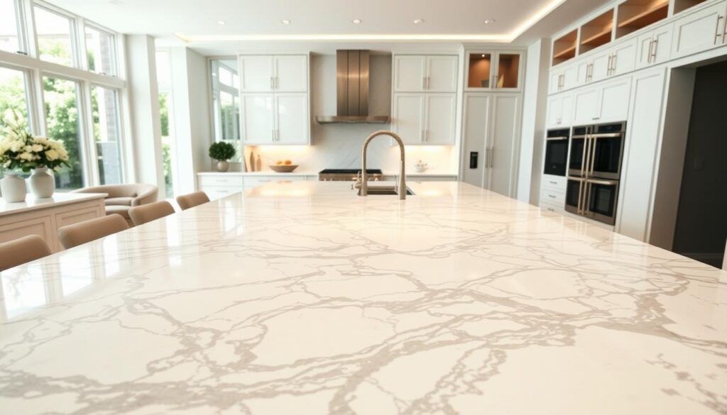 A luxurious kitchen featuring a large island with stunning white and gray veined marble countertops. The foreground highlights the intricate patterns of the marble, capturing the natural beauty and unique variations of the stone. In the middle, a stylish kitchen setup showcases sleek, modern cabinetry and stainless steel appliances, emphasizing functionality alongside elegance. The background reveals soft, ambient lighting filtering through large windows, creating a warm and inviting atmosphere. The scene is shot from a slightly elevated angle to showcase the countertop's surface and surrounding elements effectively. The overall mood is sophisticated and contemporary, perfect for a home design context, inviting viewers to appreciate the beauty of marble in comparison to other stone countertops. A luxurious kitchen featuring a large island with stunning white and gray veined marble countertops. The foreground highlights the intricate patterns of the marble, capturing the natural beauty and unique variations of the stone. In the middle, a stylish kitchen setup showcases sleek, modern cabinetry and stainless steel appliances, emphasizing functionality alongside elegance. The background reveals soft, ambient lighting filtering through large windows, creating a warm and inviting atmosphere. The scene is shot from a slightly elevated angle to showcase the countertop's surface and surrounding elements effectively. The overall mood is sophisticated and contemporary, perfect for a home design context, inviting viewers to appreciate the beauty of marble in comparison to other stone countertops.