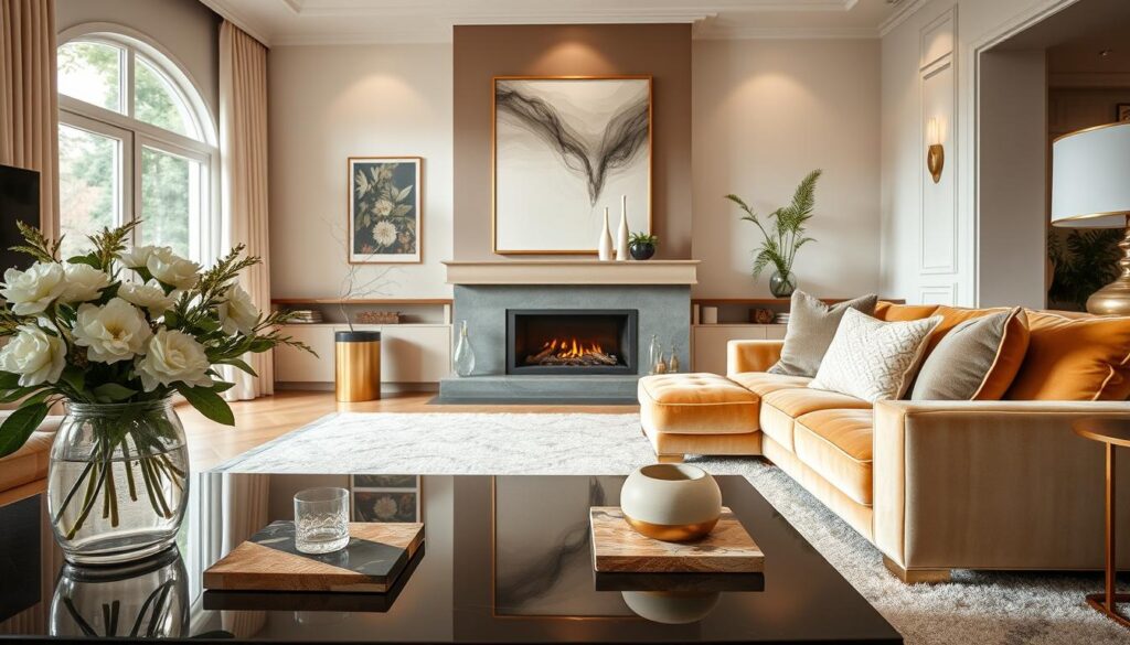 A luxurious living room setting showcasing modern home decor trends. The foreground features an elegantly arranged coffee table with a chic vase of fresh flowers and designer coasters. In the middle, a plush sectional sofa upholstered in rich velvet, adorned with decorative throw pillows, faces a contemporary fireplace framed by stylish wall art. Transitioning to the background, a large window bathes the room in natural light, revealing a glimpse of a beautifully landscaped garden. The color palette consists of soft neutrals with gold accents, creating a warm, inviting atmosphere. Capture this scene with a soft-focus lens to evoke a sense of tranquility and sophistication, emphasizing the latest trends in interior decorating. A luxurious living room setting showcasing modern home decor trends. The foreground features an elegantly arranged coffee table with a chic vase of fresh flowers and designer coasters. In the middle, a plush sectional sofa upholstered in rich velvet, adorned with decorative throw pillows, faces a contemporary fireplace framed by stylish wall art. Transitioning to the background, a large window bathes the room in natural light, revealing a glimpse of a beautifully landscaped garden. The color palette consists of soft neutrals with gold accents, creating a warm, inviting atmosphere. Capture this scene with a soft-focus lens to evoke a sense of tranquility and sophistication, emphasizing the latest trends in interior decorating.