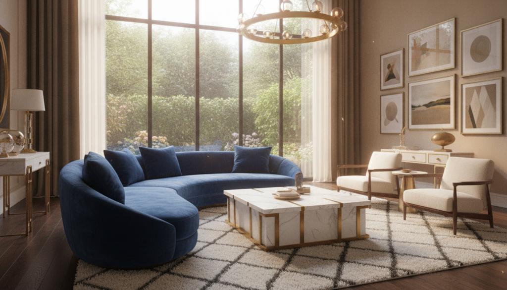 A luxurious living room showcasing high-end home decor that embodies functional elegance. In the foreground, a sleek, modern sofa with plush cushions in a rich velvet fabric, paired with an ornate coffee table made of marble and brass accents. The middle ground features a stylish area rug with intricate patterns, adding warmth to the space. Behind, elegant floor-to-ceiling windows bathe the room in soft, natural light, revealing a glimpse of a lush garden beyond. The walls are adorned with tasteful artwork and neutral tones, creating a calm and sophisticated atmosphere. Use warm lighting to enhance the inviting ambiance, capturing a wide-angle view to emphasize the room's spaciousness and luxurious details. A luxurious living room showcasing high-end home decor that embodies functional elegance. In the foreground, a sleek, modern sofa with plush cushions in a rich velvet fabric, paired with an ornate coffee table made of marble and brass accents. The middle ground features a stylish area rug with intricate patterns, adding warmth to the space. Behind, elegant floor-to-ceiling windows bathe the room in soft, natural light, revealing a glimpse of a lush garden beyond. The walls are adorned with tasteful artwork and neutral tones, creating a calm and sophisticated atmosphere. Use warm lighting to enhance the inviting ambiance, capturing a wide-angle view to emphasize the room's spaciousness and luxurious details.