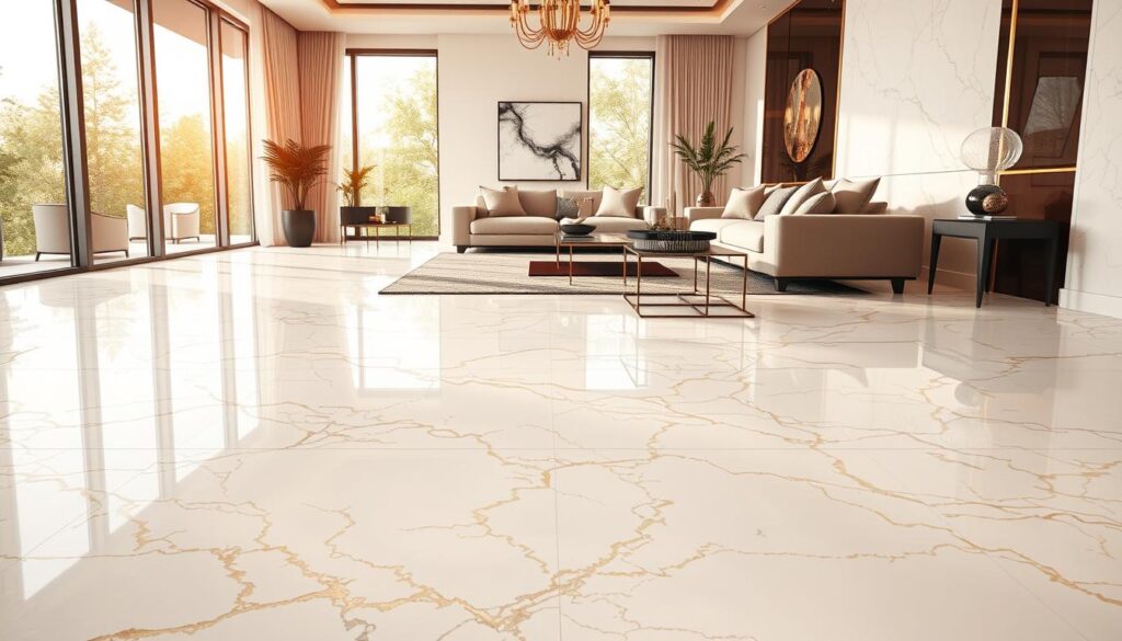 A luxurious marble floor design sprawls across an elegantly styled room, showcasing intricate veining in rich hues of white, gold, and deep black. In the foreground, polished white marble tiles with delicate golden accents reflect soft, ambient lighting. The middle ground features a tastefully arranged living space, with a sleek modern sofa adorned with plush cushions, a stylish coffee table, and tasteful decor items. The background is enhanced by large, floor-to-ceiling windows allowing warm, natural light to flood the room, creating a bright and inviting atmosphere. The scene captures the essence of sophistication and elegance, emphasizing the grandeur of marble flooring as it beautifully complements the refined interior design. The angle is a slightly elevated perspective, offering a comprehensive view of the floor and furnishings while maintaining an air of tranquility. A luxurious marble floor design sprawls across an elegantly styled room, showcasing intricate veining in rich hues of white, gold, and deep black. In the foreground, polished white marble tiles with delicate golden accents reflect soft, ambient lighting. The middle ground features a tastefully arranged living space, with a sleek modern sofa adorned with plush cushions, a stylish coffee table, and tasteful decor items. The background is enhanced by large, floor-to-ceiling windows allowing warm, natural light to flood the room, creating a bright and inviting atmosphere. The scene captures the essence of sophistication and elegance, emphasizing the grandeur of marble flooring as it beautifully complements the refined interior design. The angle is a slightly elevated perspective, offering a comprehensive view of the floor and furnishings while maintaining an air of tranquility.