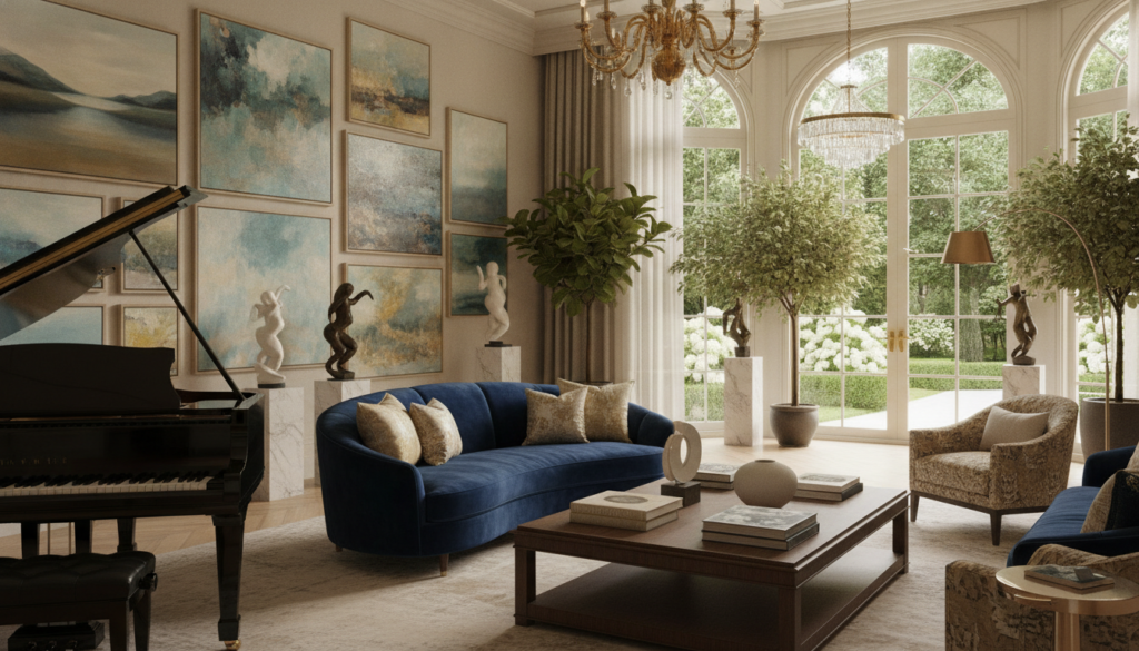 A luxurious upscale house interior showcasing an elegant living space. In the foreground, there are sophisticated decorative elements like a grand piano, a stylish coffee table adorned with art books, and a plush, inviting sofa with velvet cushions. The middle ground features a beautifully curated art collection on the walls, including modern abstract paintings and elegant sculptures. The background reveals large windows allowing natural light to flood in, highlighting lush indoor plants and a panoramic view of the garden. Soft, warm lighting creates an inviting atmosphere, complemented by tasteful chandeliers hanging from the ceiling. The overall mood is one of opulence and tranquility, ideal for luxury home interior design. A luxurious upscale house interior showcasing an elegant living space. In the foreground, there are sophisticated decorative elements like a grand piano, a stylish coffee table adorned with art books, and a plush, inviting sofa with velvet cushions. The middle ground features a beautifully curated art collection on the walls, including modern abstract paintings and elegant sculptures. The background reveals large windows allowing natural light to flood in, highlighting lush indoor plants and a panoramic view of the garden. Soft, warm lighting creates an inviting atmosphere, complemented by tasteful chandeliers hanging from the ceiling. The overall mood is one of opulence and tranquility, ideal for luxury home interior design.